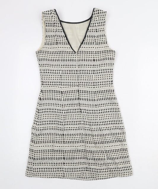 Oasis Womens Ivory Geometric Cotton Shift Size 8 Boat Neck Zip