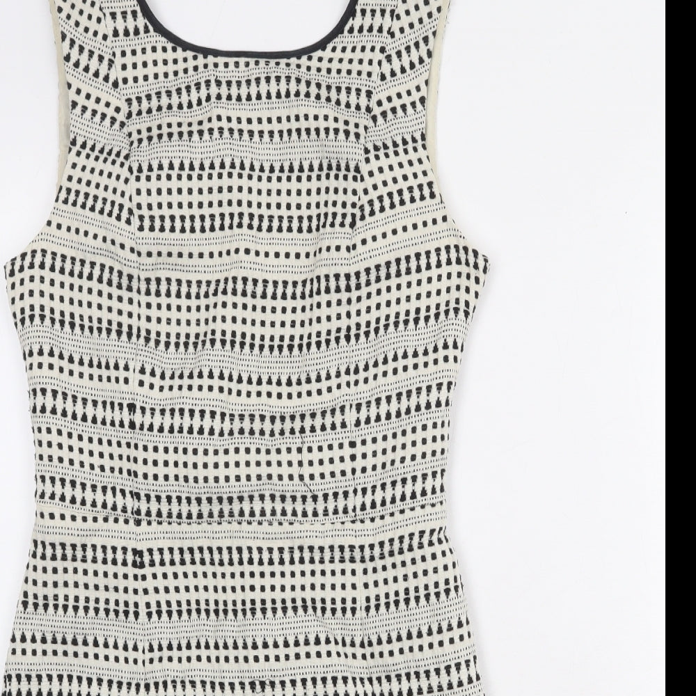 Oasis Womens Ivory Geometric Cotton Shift Size 8 Boat Neck Zip