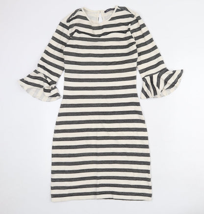 Limited Edition Womens Ivory Striped Cotton Pencil Dress Size 6 Round Neck Button - Ruffle Sleeve