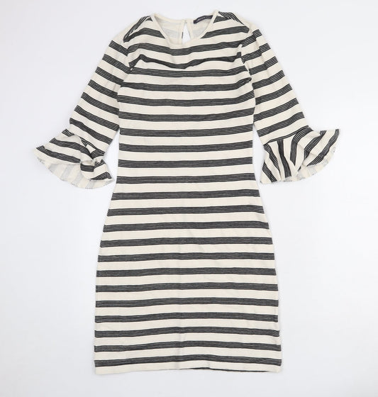 Limited Edition Womens Ivory Striped Cotton Pencil Dress Size 6 Round Neck Button - Ruffle Sleeve