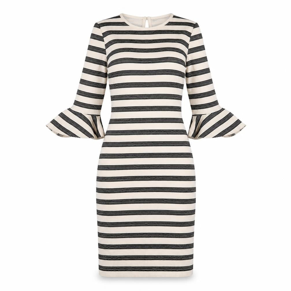 Limited Edition Womens Ivory Striped Cotton Pencil Dress Size 6 Round Neck Button - Ruffle Sleeve