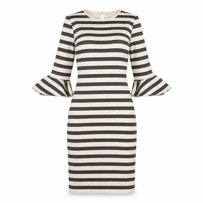 Limited Edition Womens Ivory Striped Cotton Pencil Dress Size 6 Round Neck Button - Ruffle Sleeve