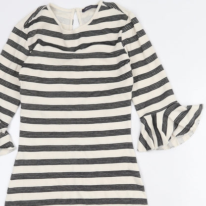Limited Edition Womens Ivory Striped Cotton Pencil Dress Size 6 Round Neck Button - Ruffle Sleeve