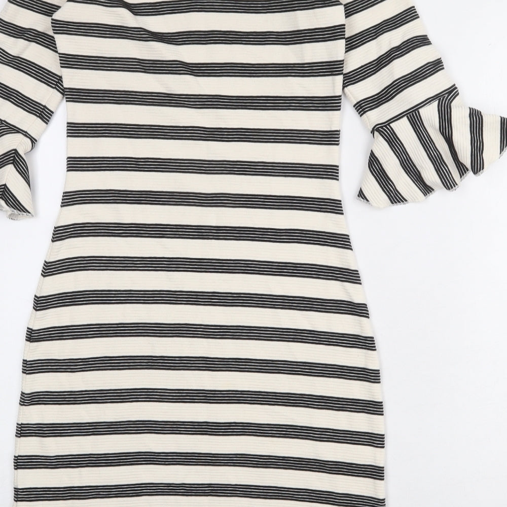 Limited Edition Womens Ivory Striped Cotton Pencil Dress Size 6 Round Neck Button - Ruffle Sleeve