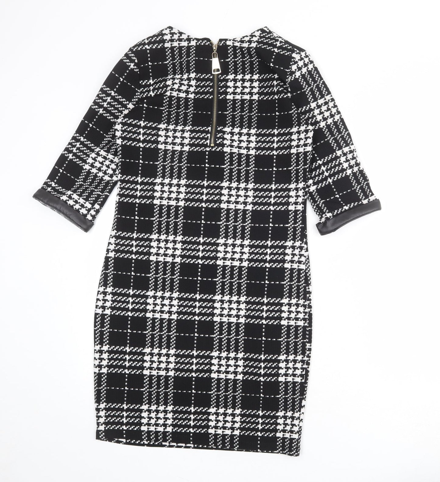 Krisp Womens Black Plaid Polyester Pencil Dress Size 8 Round Neck Zip