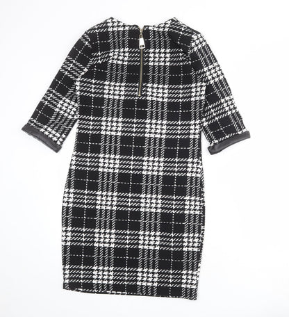 Krisp Womens Black Plaid Polyester Pencil Dress Size 8 Round Neck Zip