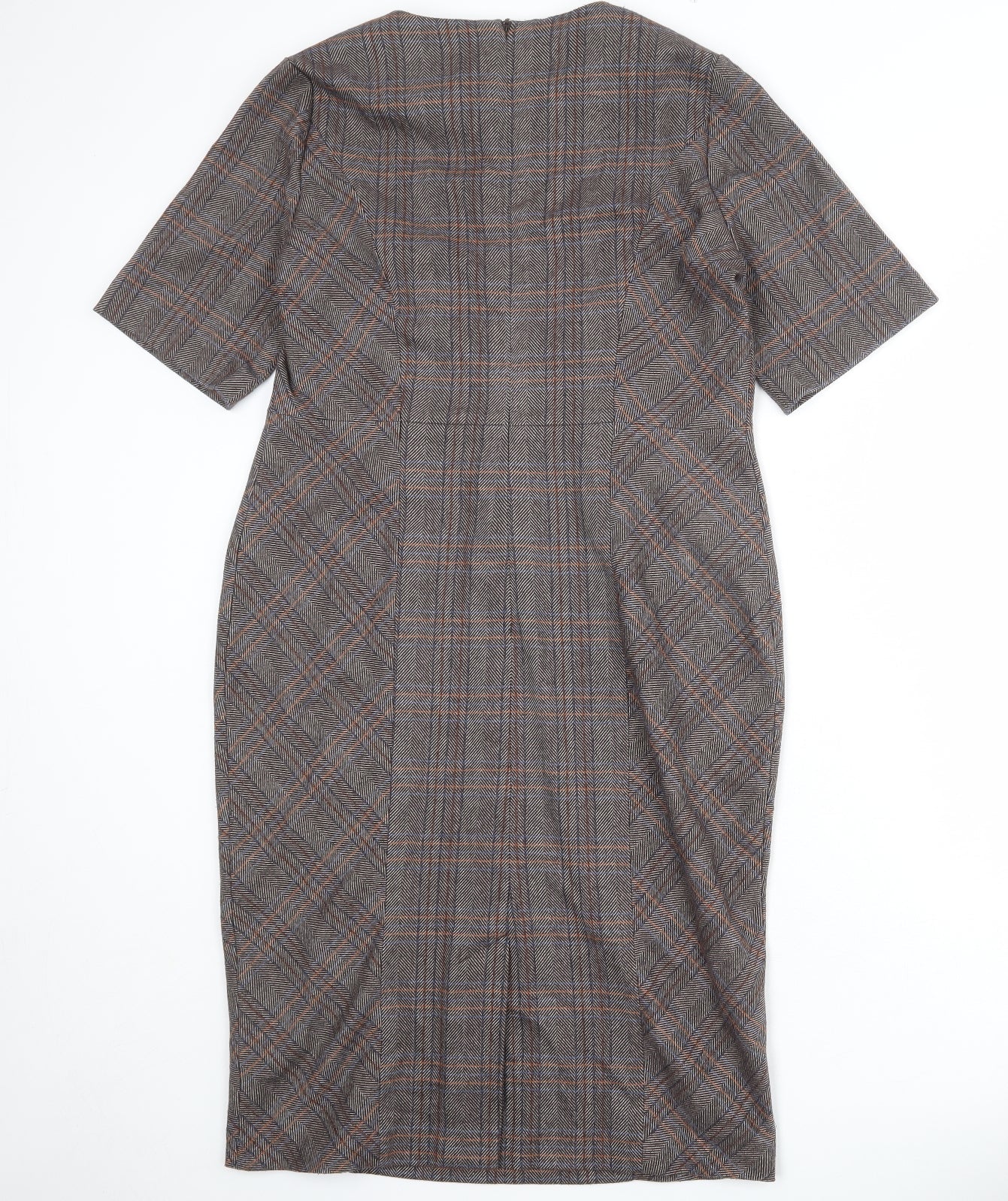 NEXT Womens Brown Plaid Polyester Pencil Dress Size 14 Round Neck Zip