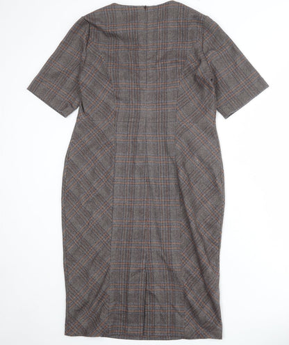 NEXT Womens Brown Plaid Polyester Pencil Dress Size 14 Round Neck Zip