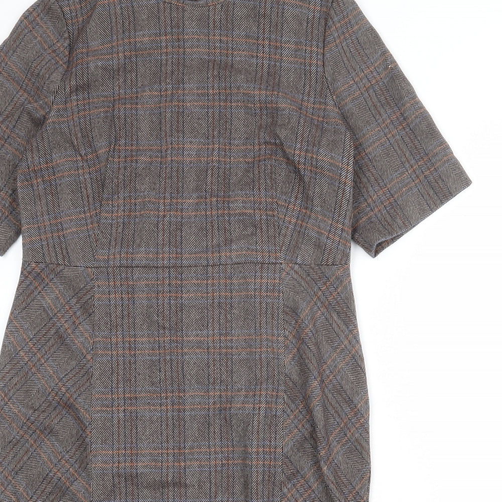 NEXT Womens Brown Plaid Polyester Pencil Dress Size 14 Round Neck Zip