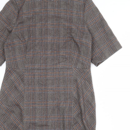 NEXT Womens Brown Plaid Polyester Pencil Dress Size 14 Round Neck Zip