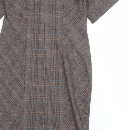 NEXT Womens Brown Plaid Polyester Pencil Dress Size 14 Round Neck Zip