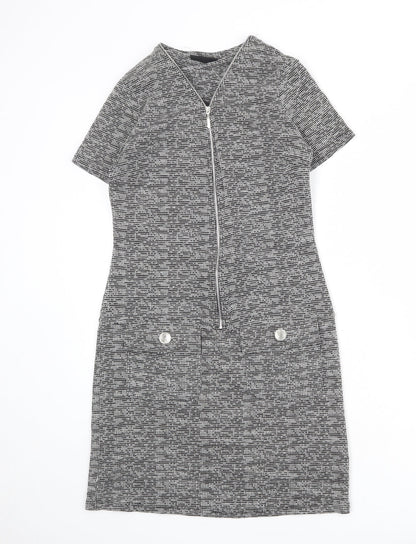 Wallis Womens Grey Geometric Polyester A-Line Size 8 V-Neck Zip