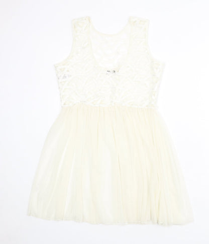 Miss Selfridge Womens Ivory Geometric Polyester Fit & Flare Size 6 Round Neck