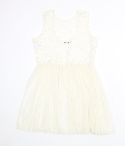 Miss Selfridge Womens Ivory Geometric Polyester Fit & Flare Size 6 Round Neck