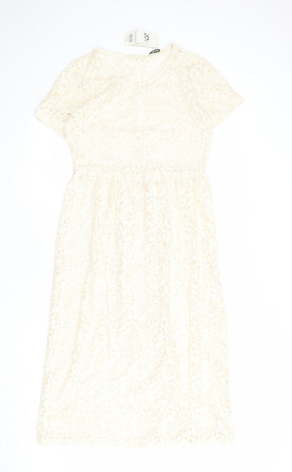 Miss Selfridge Womens Ivory Geometric Cotton A-Line Size 10 Round Neck Button