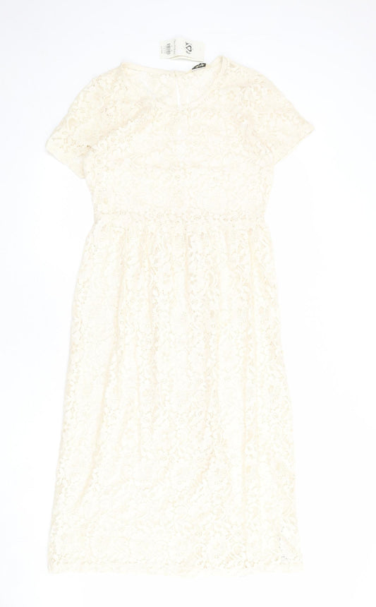 Miss Selfridge Womens Ivory Geometric Cotton A-Line Size 10 Round Neck Button