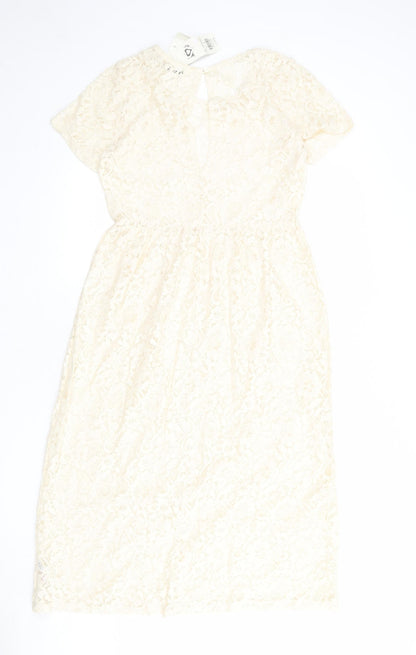 Miss Selfridge Womens Ivory Geometric Cotton A-Line Size 10 Round Neck Button