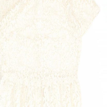 Miss Selfridge Womens Ivory Geometric Cotton A-Line Size 10 Round Neck Button