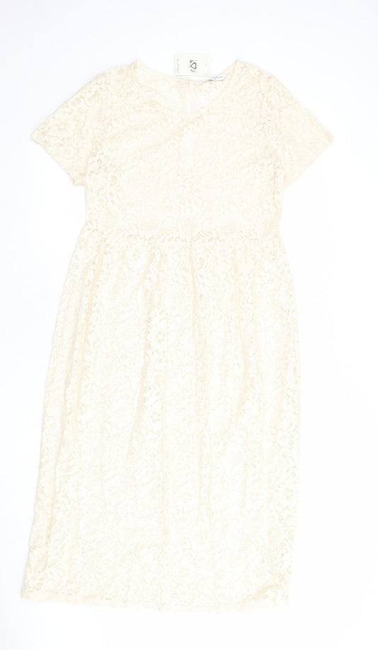 Miss Selfridge Womens Ivory Cotton A-Line Size 12 Round Neck Button