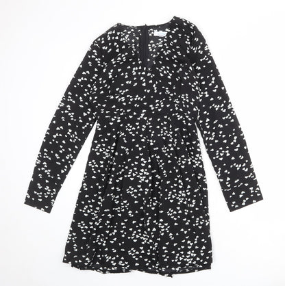 Blue Vanilla Womens Black Geometric Polyester A-Line Size 10 V-Neck Zip - Heart Print