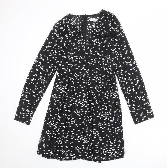 Blue Vanilla Womens Black Geometric Polyester A-Line Size 10 V-Neck Zip - Heart Print