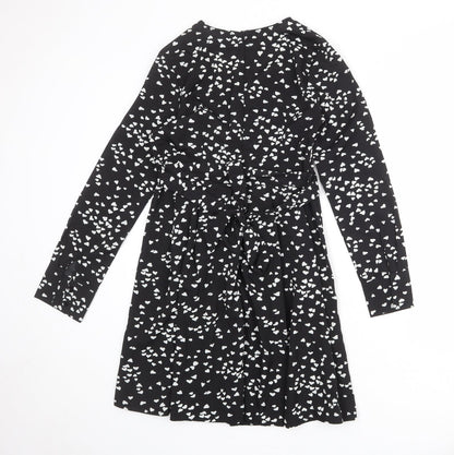 Blue Vanilla Womens Black Geometric Polyester A-Line Size 10 V-Neck Zip - Heart Print