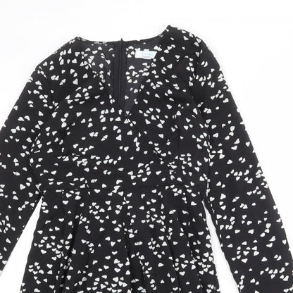 Blue Vanilla Womens Black Geometric Polyester A-Line Size 10 V-Neck Zip - Heart Print