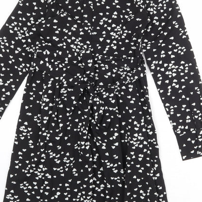 Blue Vanilla Womens Black Geometric Polyester A-Line Size 10 V-Neck Zip - Heart Print