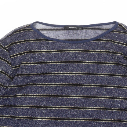 RESERVED Womens Blue Striped Polyester Basic T-Shirt Size XL Round Neck