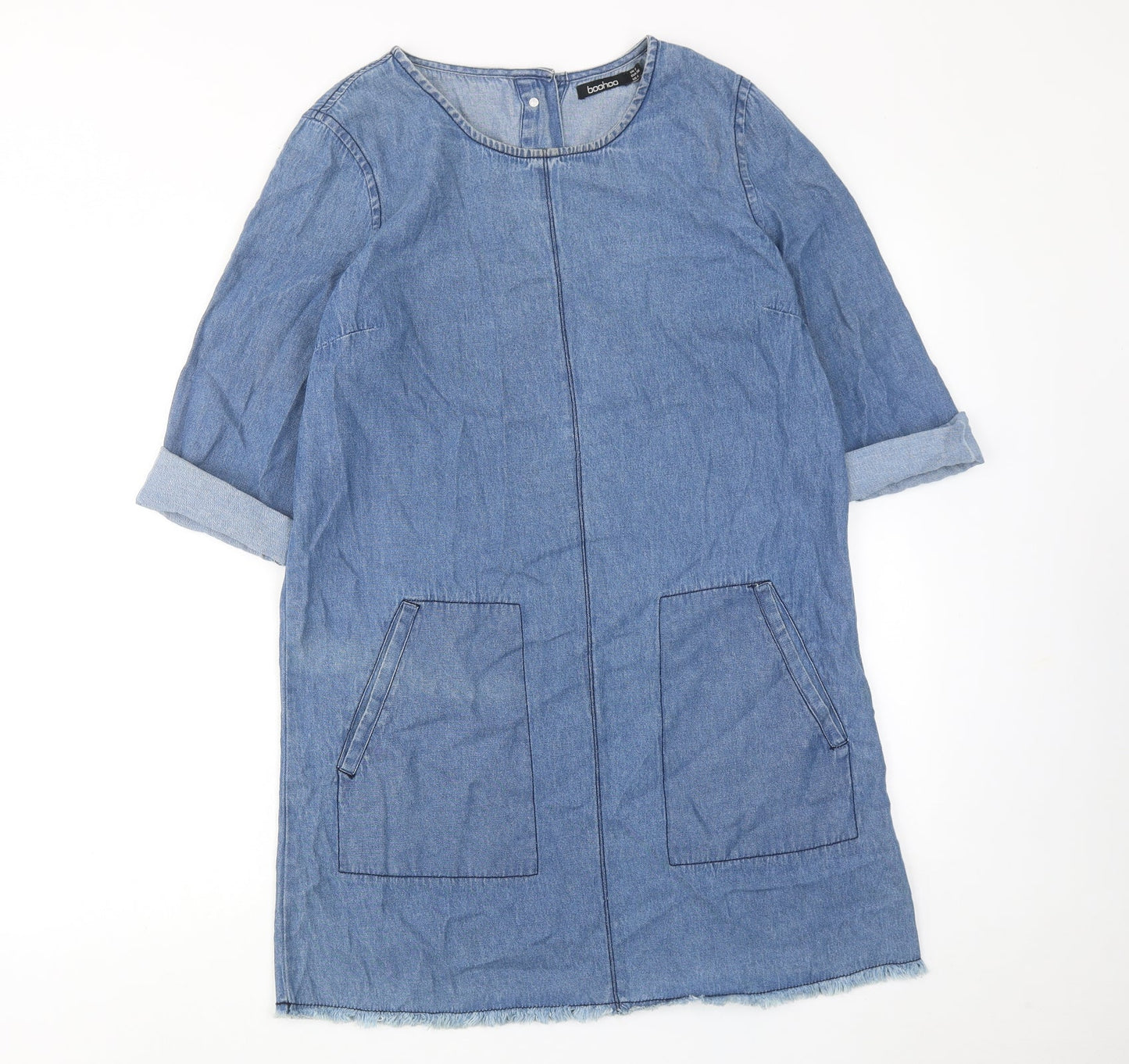 Boohoo Womens Blue Cotton Shift Size 8 Boat Neck Button