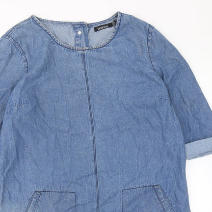 Boohoo Womens Blue Cotton Shift Size 8 Boat Neck Button