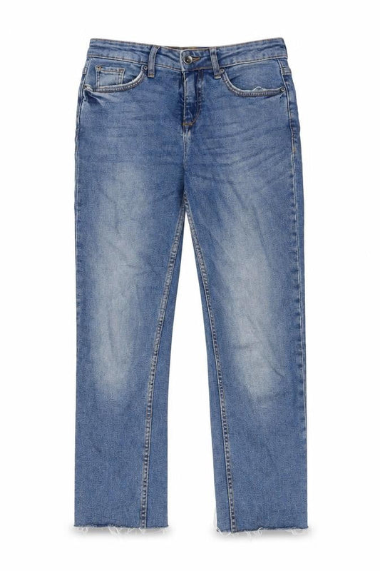 Front view of b.young women’s blue cotton straight jeans, size UK 27, in regular zip - frayed hem