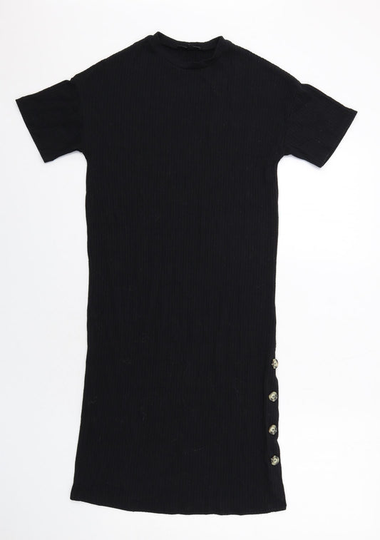 Pull&Bear Womens Black Viscose T-Shirt Dress Size XS Crew Neck Pullover - Ribbed