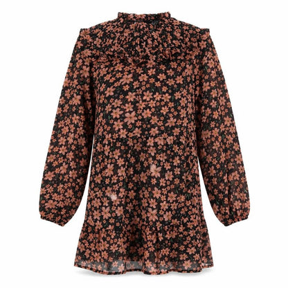 New Look Womens Black Floral Polyester A-Line Size 8 Mock Neck Button