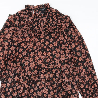 New Look Womens Black Floral Polyester A-Line Size 8 Mock Neck Button