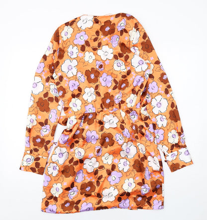 Zara Womens Orange Floral Polyester Bodycon Size S V-Neck Tie