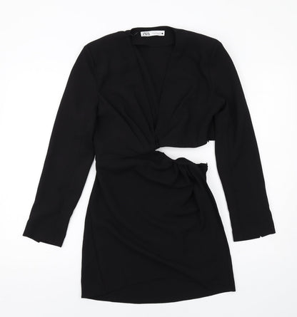 Zara Womens Black Polyester Mini Size S V-Neck Zip