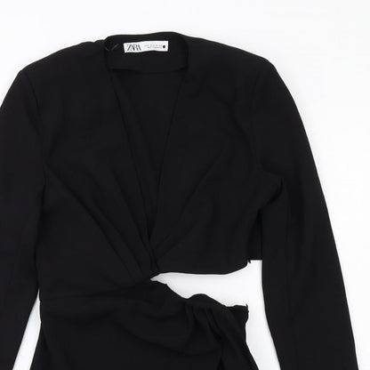 Zara Womens Black Polyester Mini Size S V-Neck Zip