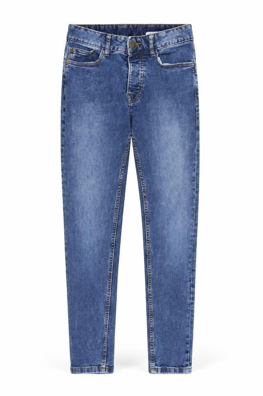 Front view of Denim & Co. men’s blue cotton skinny jeans, size 28, in, 30-inch leg slim button