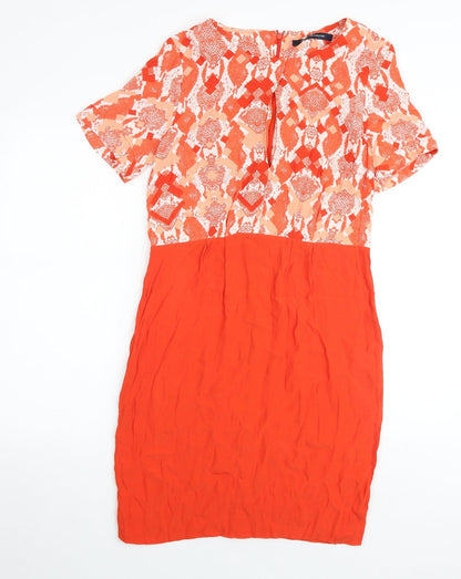 French Connection Womens Orange Geometric Viscose Shift Size 8 Round Neck Zip