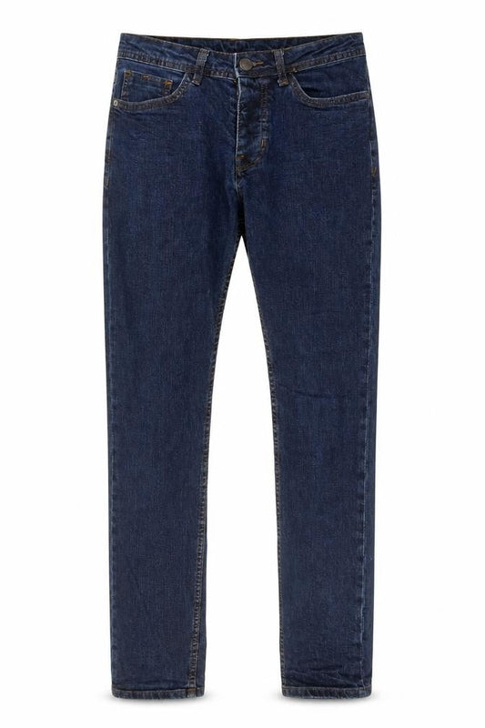 Front view of Denim & Co. men’s blue cotton skinny jeans, size 28, in, 32-inch leg slim button