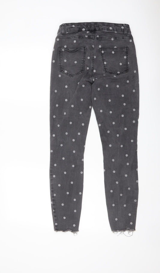 Denim & Co. Womens Grey Polka Dot Cotton Skinny Jeans Size 8 L27 in Regular Button - Frayed Hem
