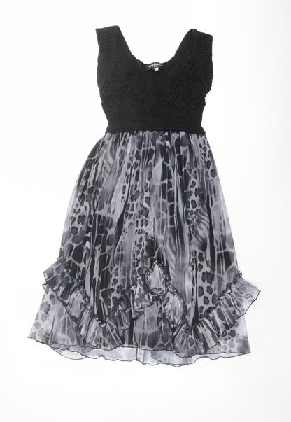 Emphasis Womens Black Animal Print Polyester Fit & Flare Size M Scoop Neck Pullover - Crochet Top