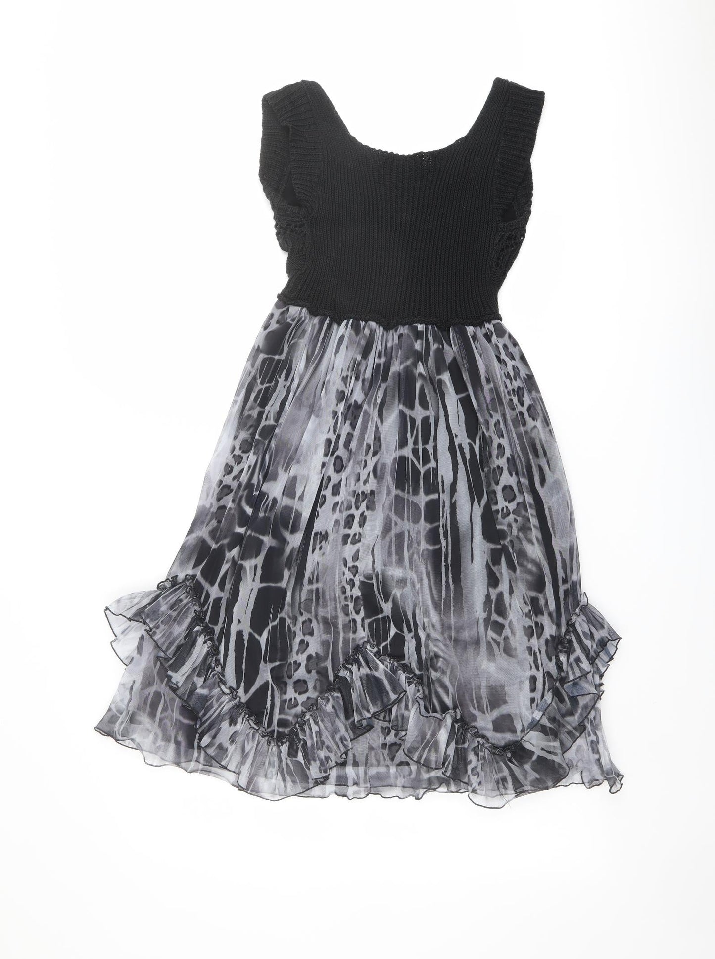 Emphasis Womens Black Animal Print Polyester Fit & Flare Size M Scoop Neck Pullover - Crochet Top