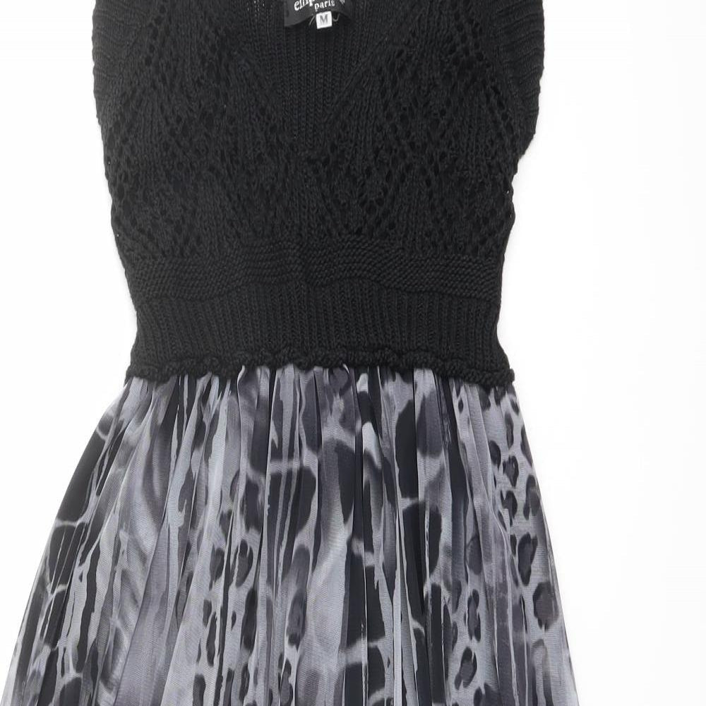 Emphasis Womens Black Animal Print Polyester Fit & Flare Size M Scoop Neck Pullover - Crochet Top