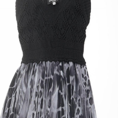 Emphasis Womens Black Animal Print Polyester Fit & Flare Size M Scoop Neck Pullover - Crochet Top