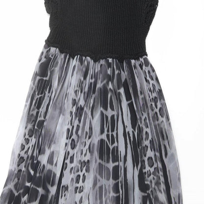 Emphasis Womens Black Animal Print Polyester Fit & Flare Size M Scoop Neck Pullover - Crochet Top