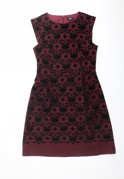 Oasis Womens Red Geometric Cotton Shift Size 10 Boat Neck Zip