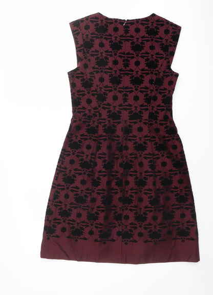 Oasis Womens Red Geometric Cotton Shift Size 10 Boat Neck Zip