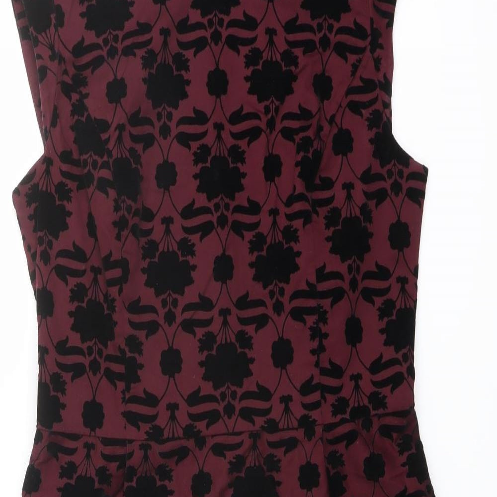 Oasis Womens Red Geometric Cotton Shift Size 10 Boat Neck Zip